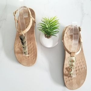 VIONIC Miami Thong Sandals Casual Slingback T-Strap Tan Cork Gold Women's Shoes